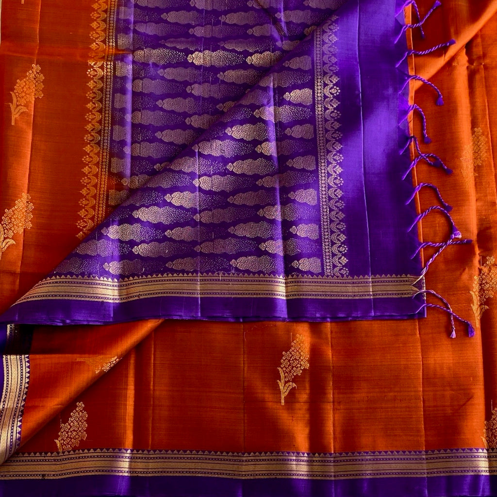 Burnt Orange Designer Pure Silk Saree With Royal Purple Pallu