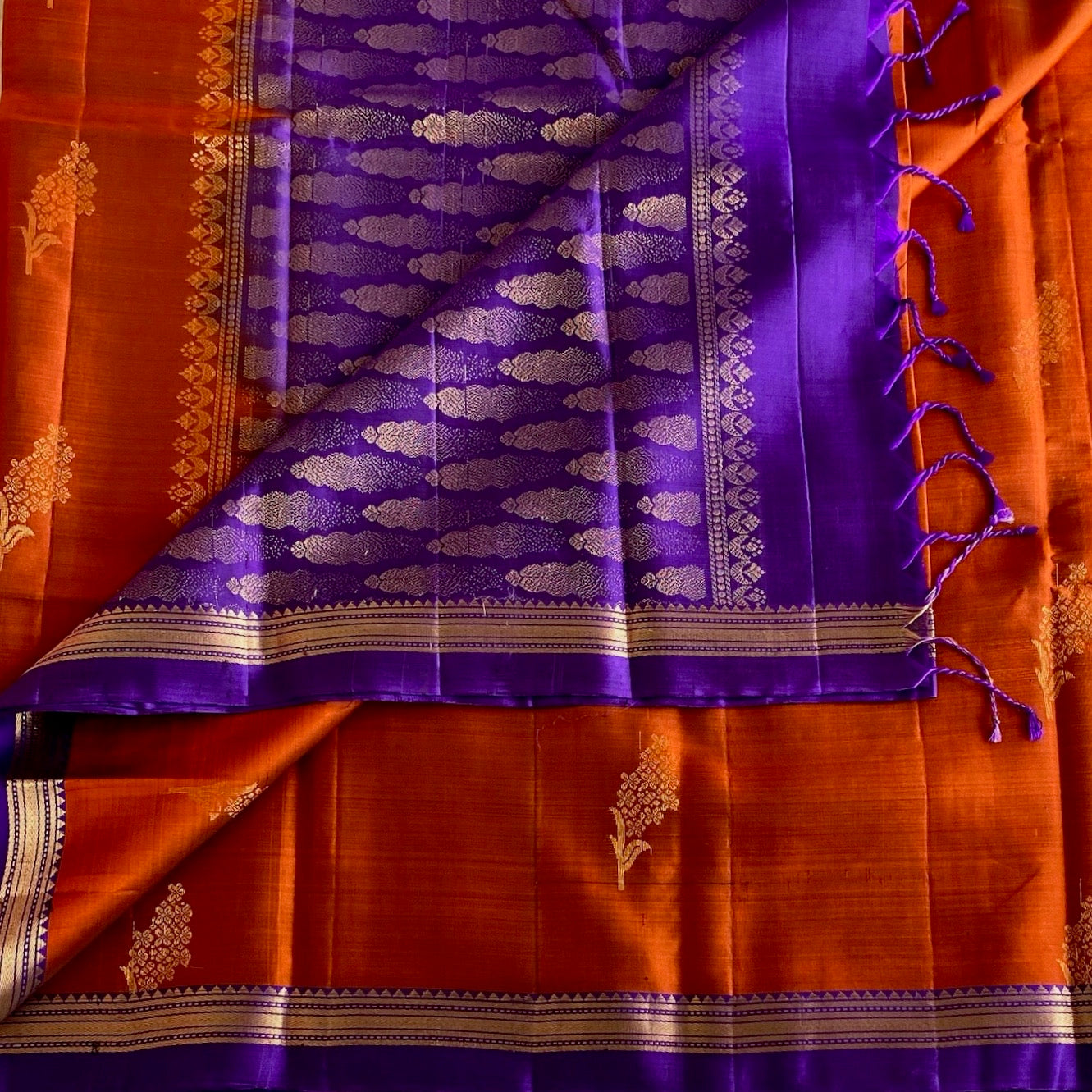 Burnt Orange Designer Pure Silk Saree With Royal Purple Pallu