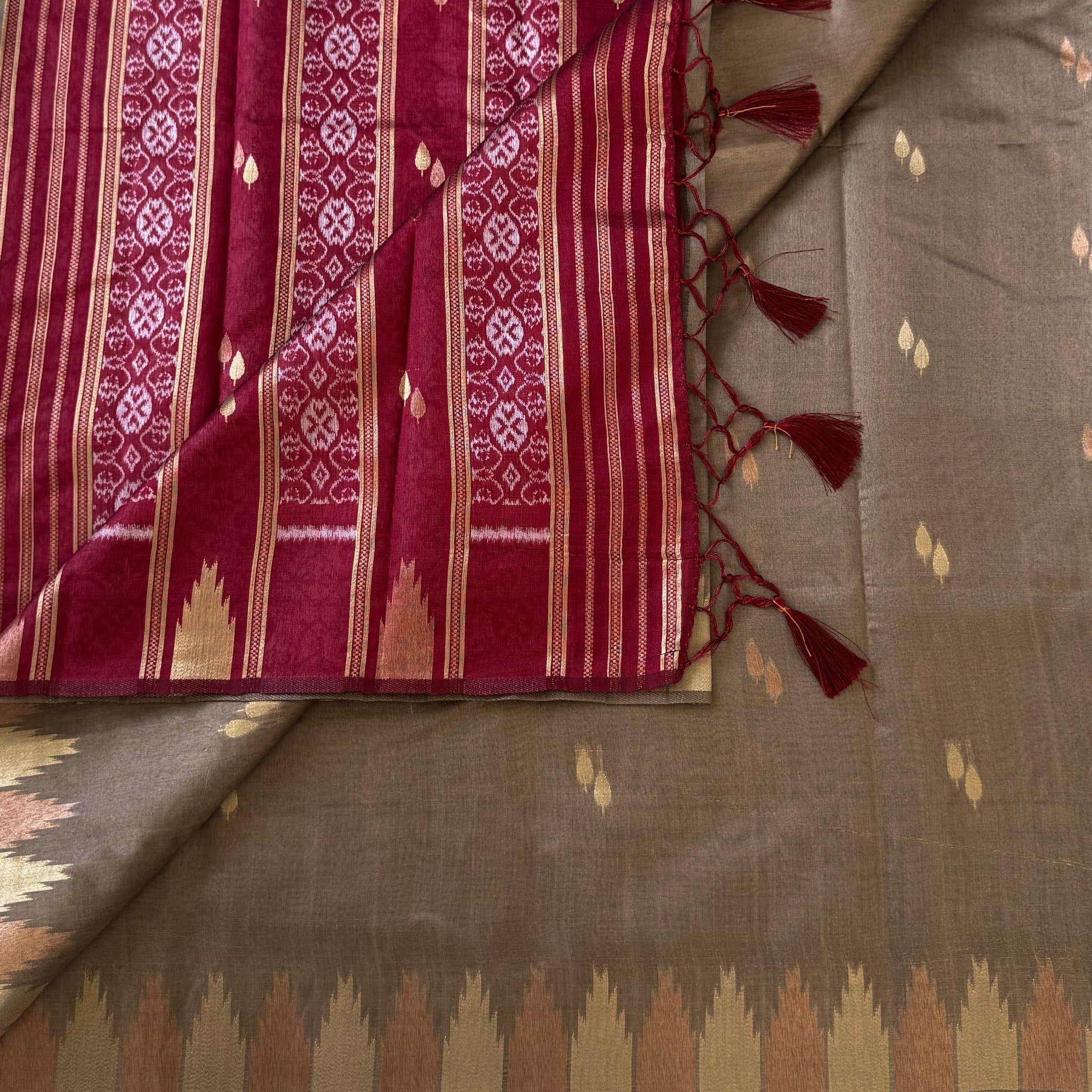 Deep Maroon Ikat Silk Saree Gold Zari Olive Pallu Border