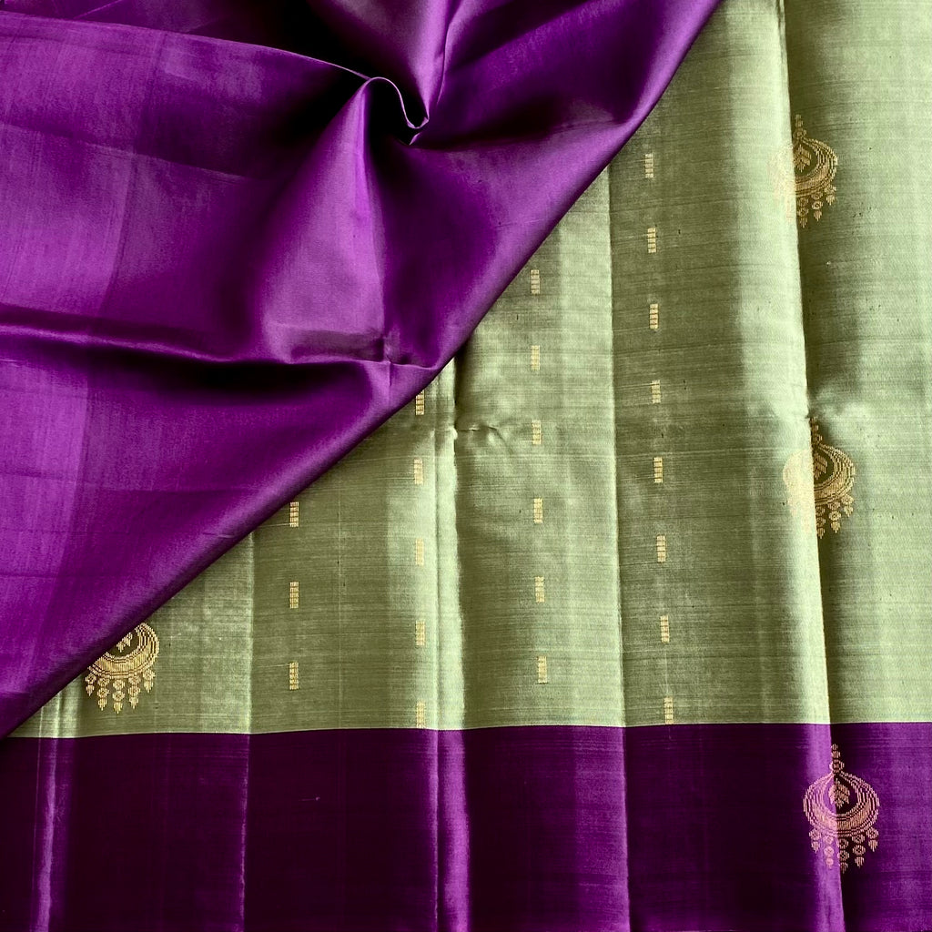Sage Green Designer Pure Silk Saree With Royal Purple Pallu