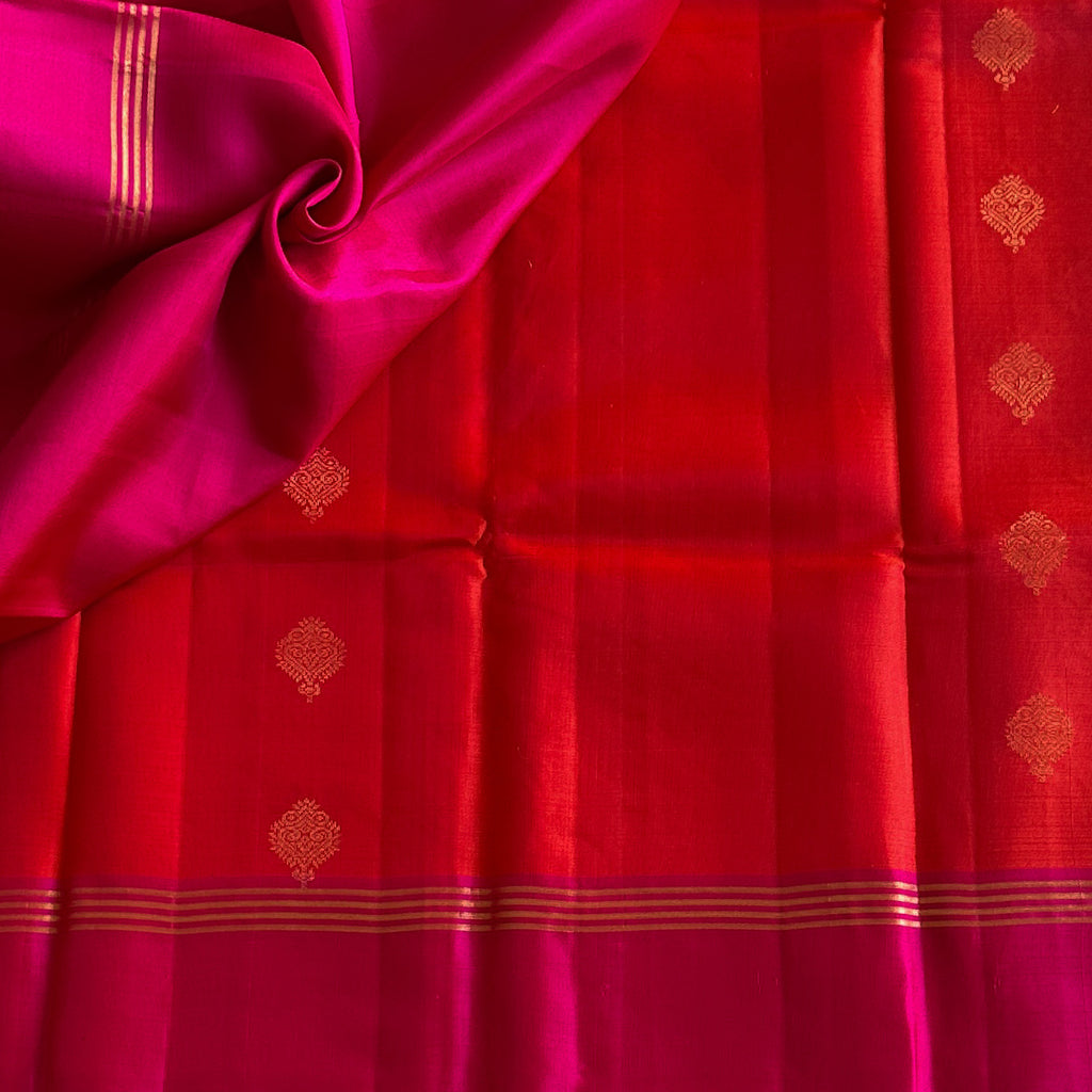 Fuchsia Vermilion Silk Saree Gold Zari Geometric Pallu Wedding Wear