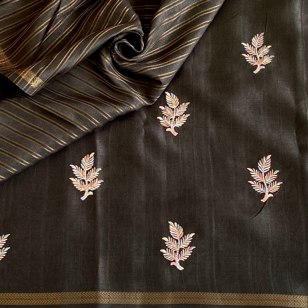 Jet Black Soft Tussar Silk Saree With Dusty Pink Buti