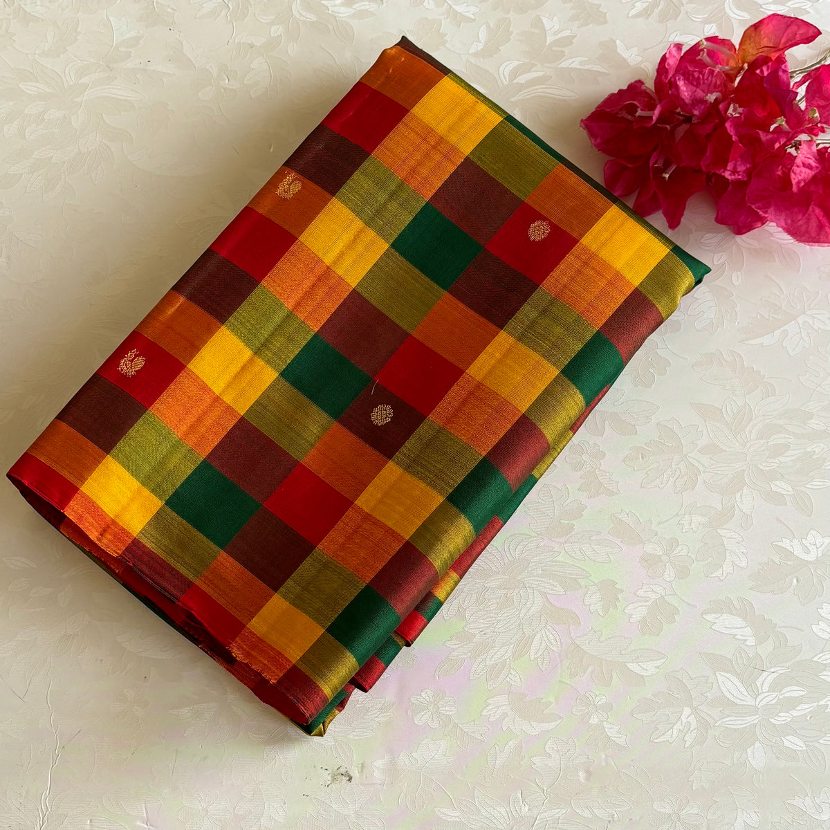 Multi Checkered Kanjeevaram Pure Zari Silk Saree With Crimson Red Contrast