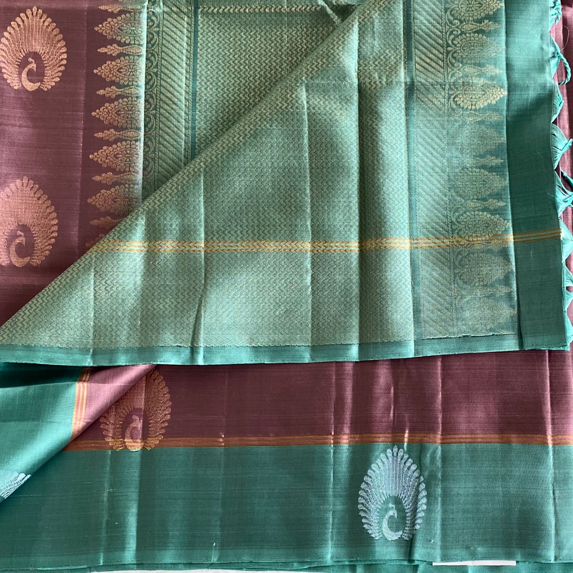 Teal Green Designer Pure Silk Saree With Plum Purple Pallu