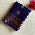 Deep Indigo Bluish Purple Designer Pure Silk Saree With Antique Gold Pallu