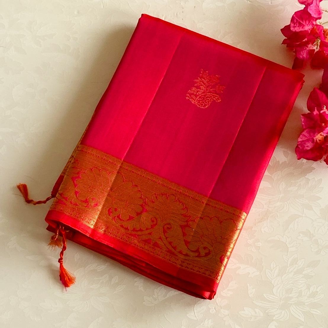 Vermilion Traditional Silk Saree Antique Gold Zari Border Wedding Wear