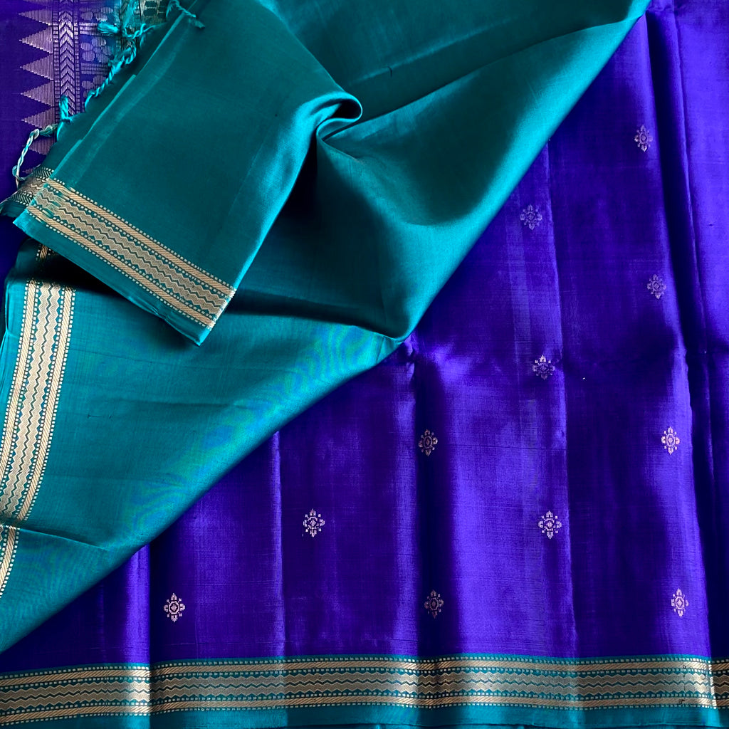 Royal Blue Designer Pure Silk Saree With Teal Green Pallu