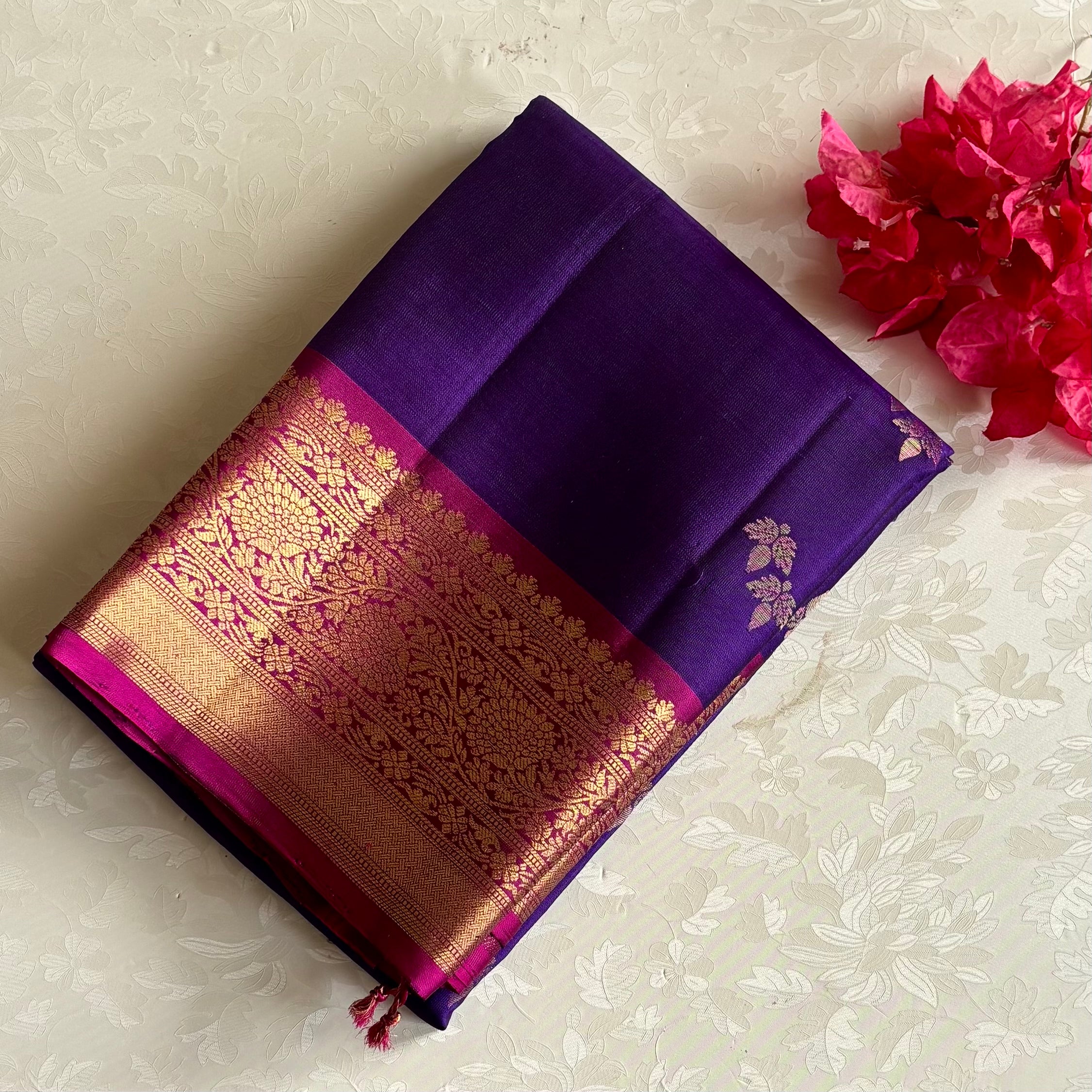 Royal Purple Designer Pure Silk Saree With Rani Pink Pallu