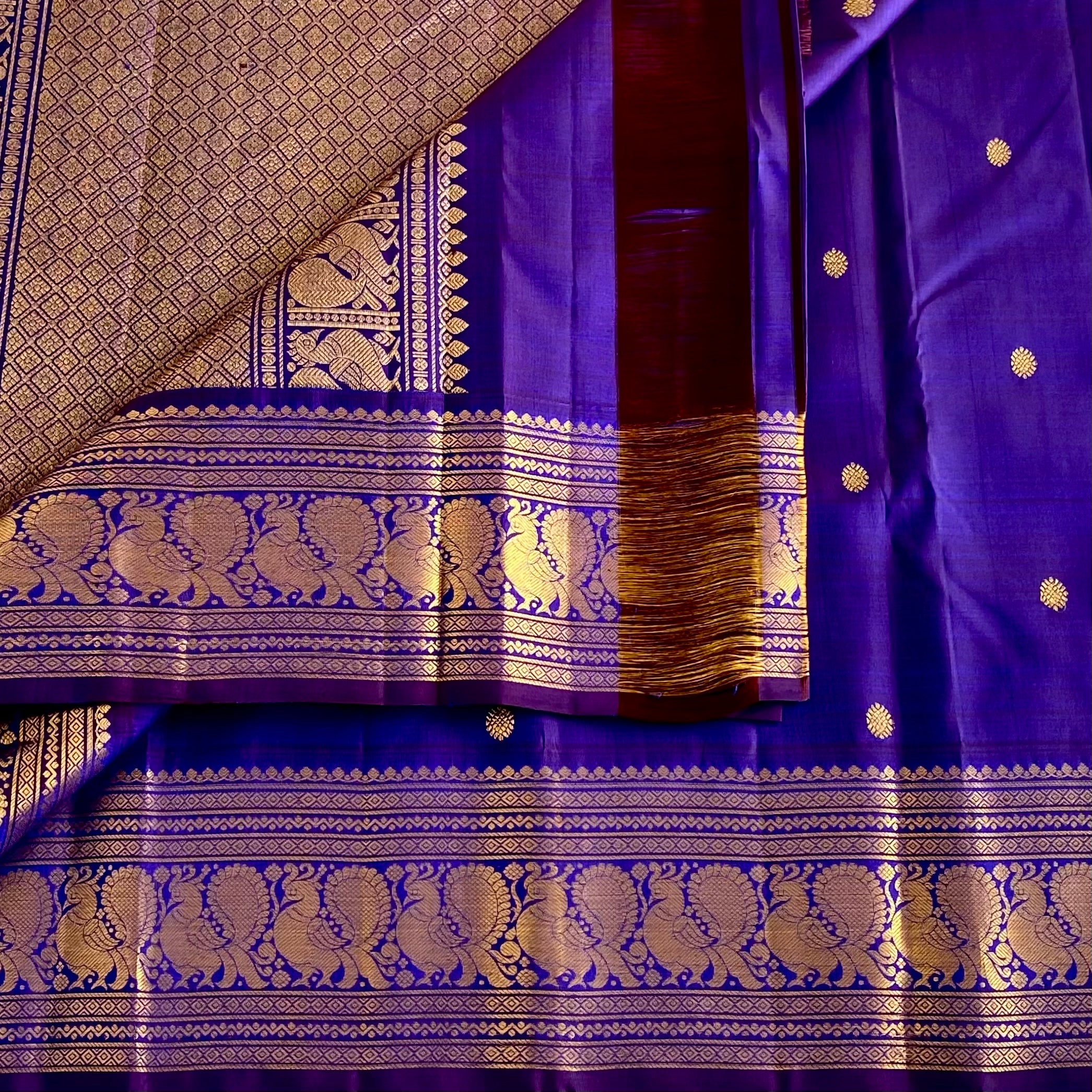 Royal Indigo Purple Kanjeevaram Pure Zari Silk Saree With Antique Gold Jaal