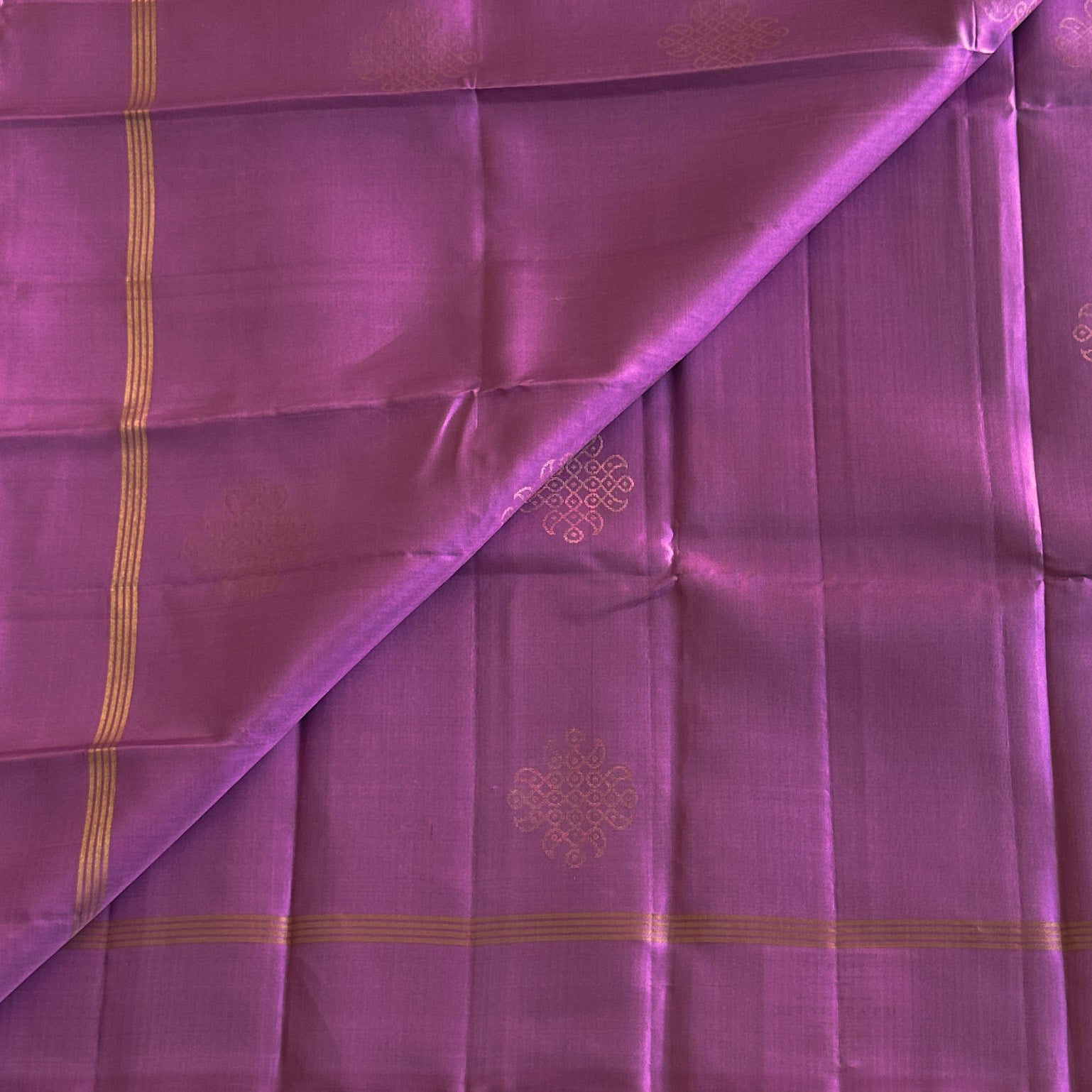Orchid Purple Saree Antique Gold Medallion Buti Triple Stripe Border
