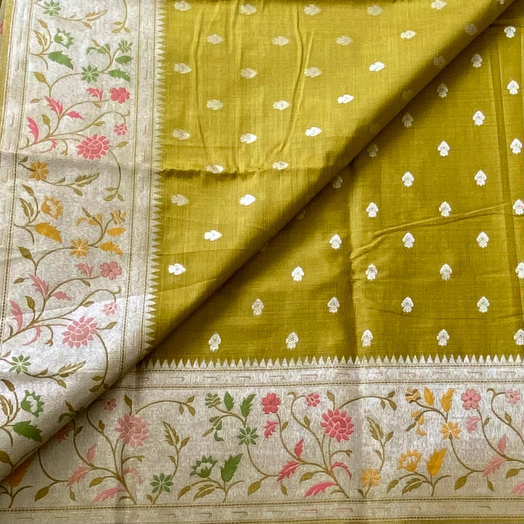 Olive Green Floral Silver Buti premium soft tussar with Meenakari work