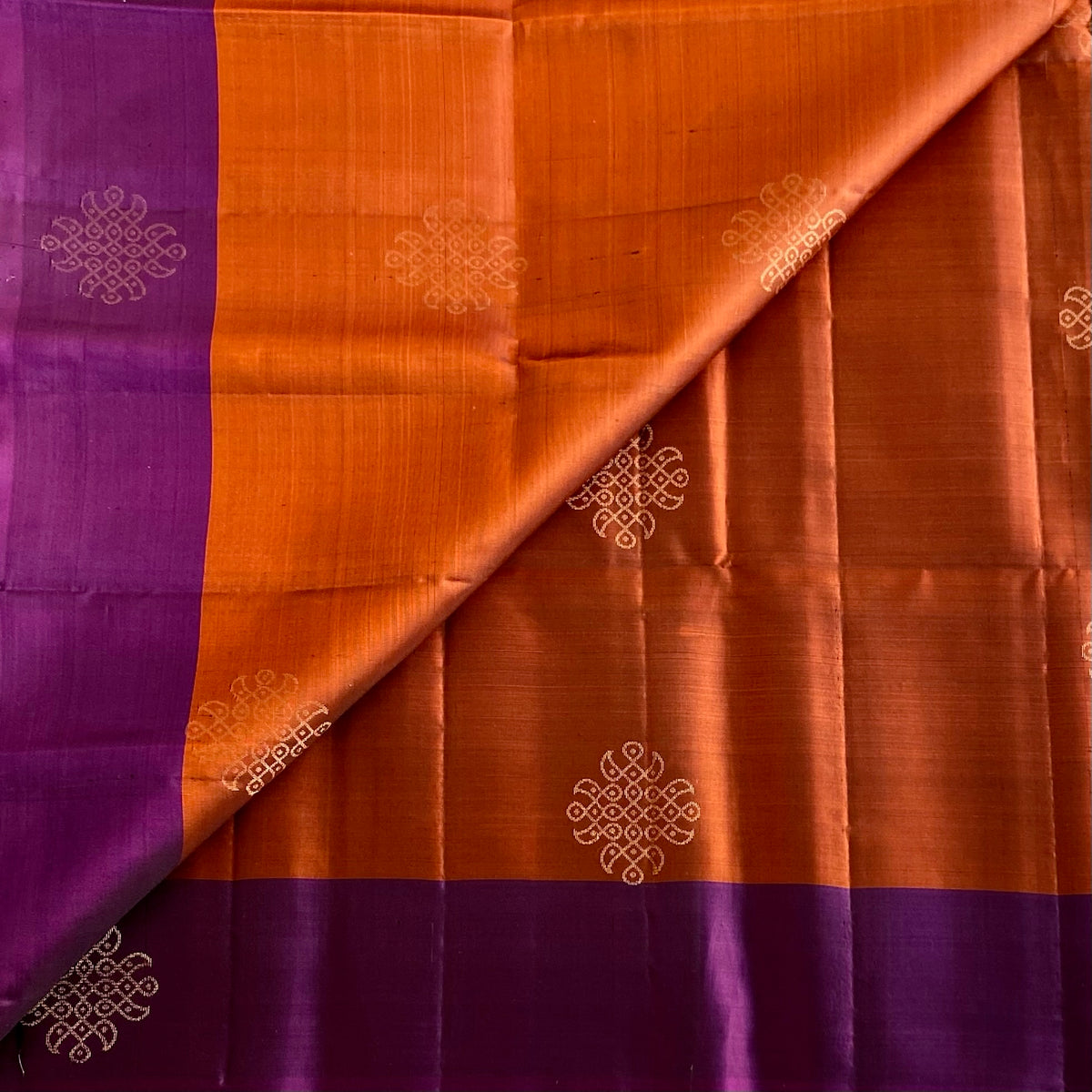 Burnt Orange Designer Pure Silk Kollam With Royal Purple