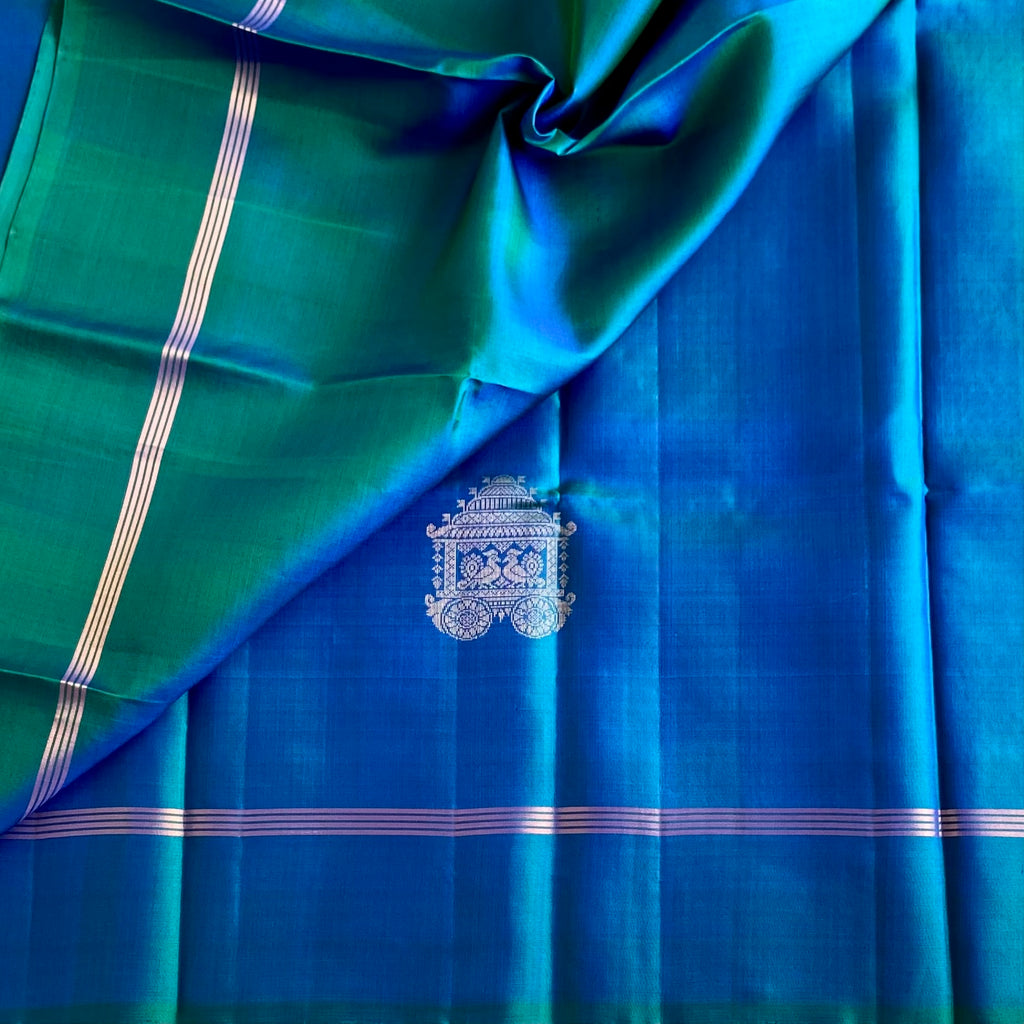 Dual Shaded Peacock Bluish Green Designer Pure Silk Saree