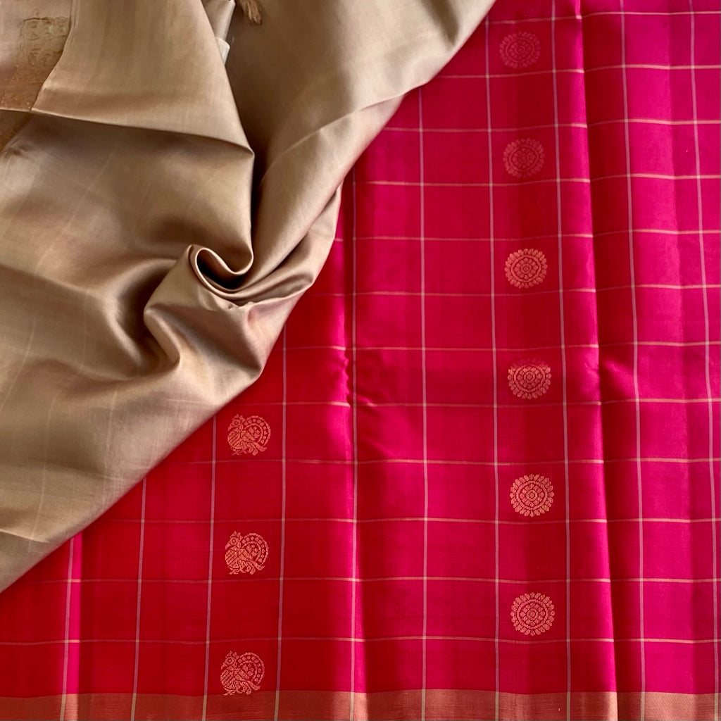 Strawberry Pink Designer Pure Silk Saree With Champagne Gold Pallu