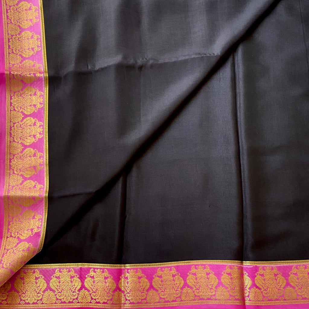 Jet Black Saree Magenta Border Gold Zari Festive Traditional Wear