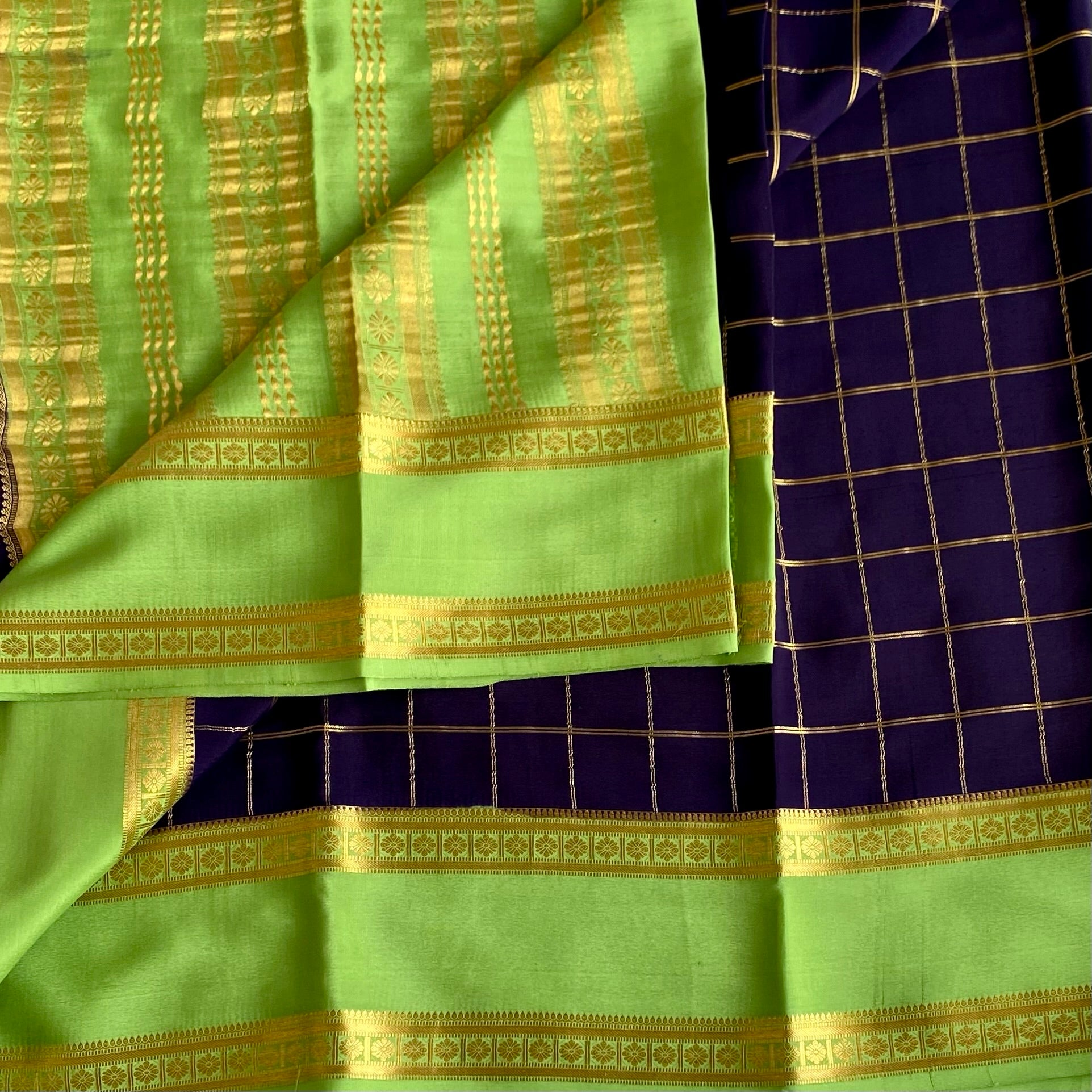 Midnight Navy Checkered Mysore Crepe Silk Saree With Lime Green Border