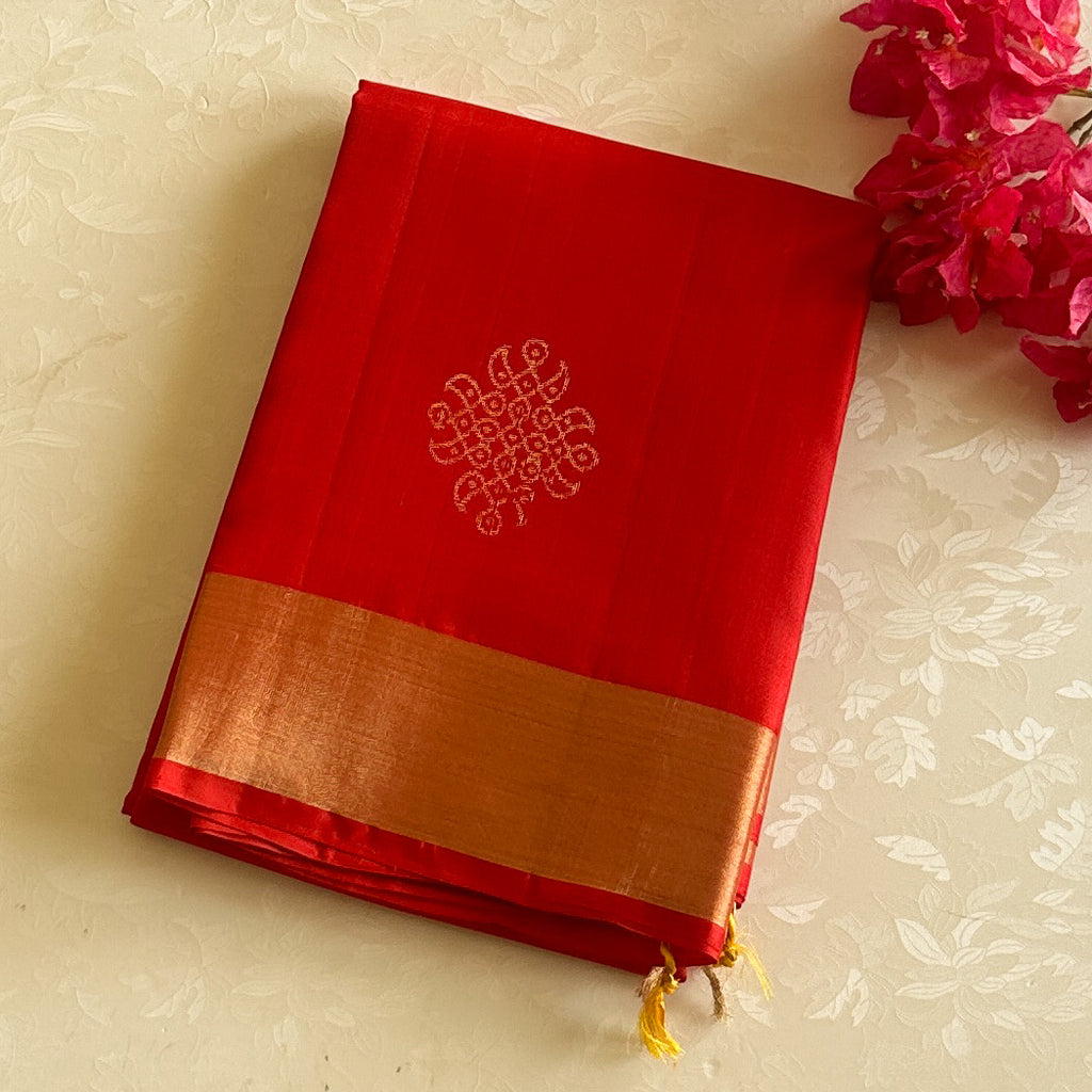 Mustard Yellow Silk Saree with Crimson Border and Copper Zari