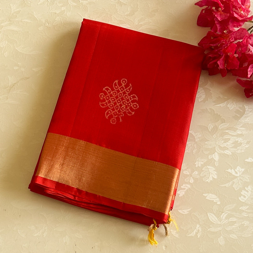 Mustard Yellow Silk Saree with Crimson Border and Copper Zari