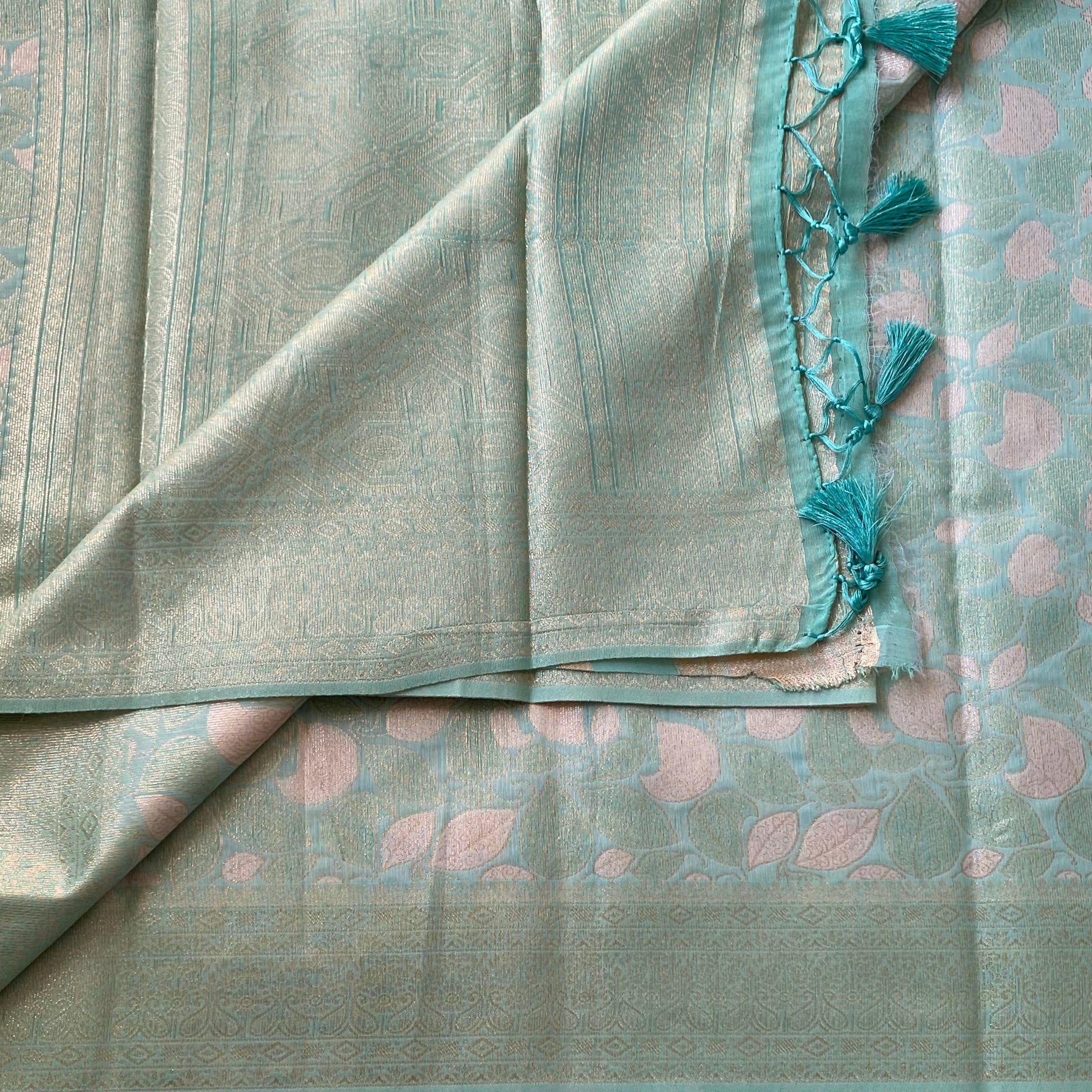 Mint Green Blush Pink Leaf Brocade Saree With Tassel Pallu