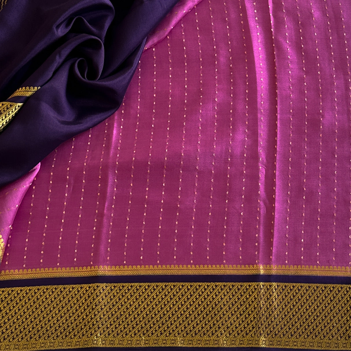 Deep Lilac with Elegant navy blue Designer Pure Mysore Silk with Tiny Buttas