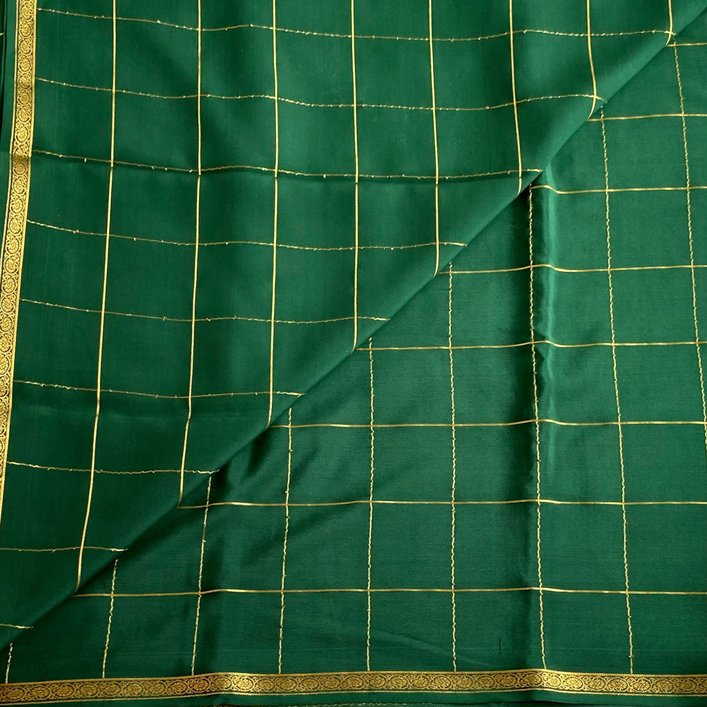 Deep Bottle Green Mysore Crepe Silk Saree With Antique Gold Zari