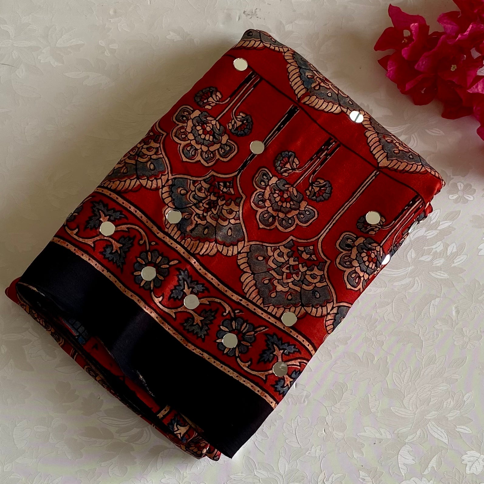 Rich Red Designer Ajrakh Silk With Handcrafted Mirror Work