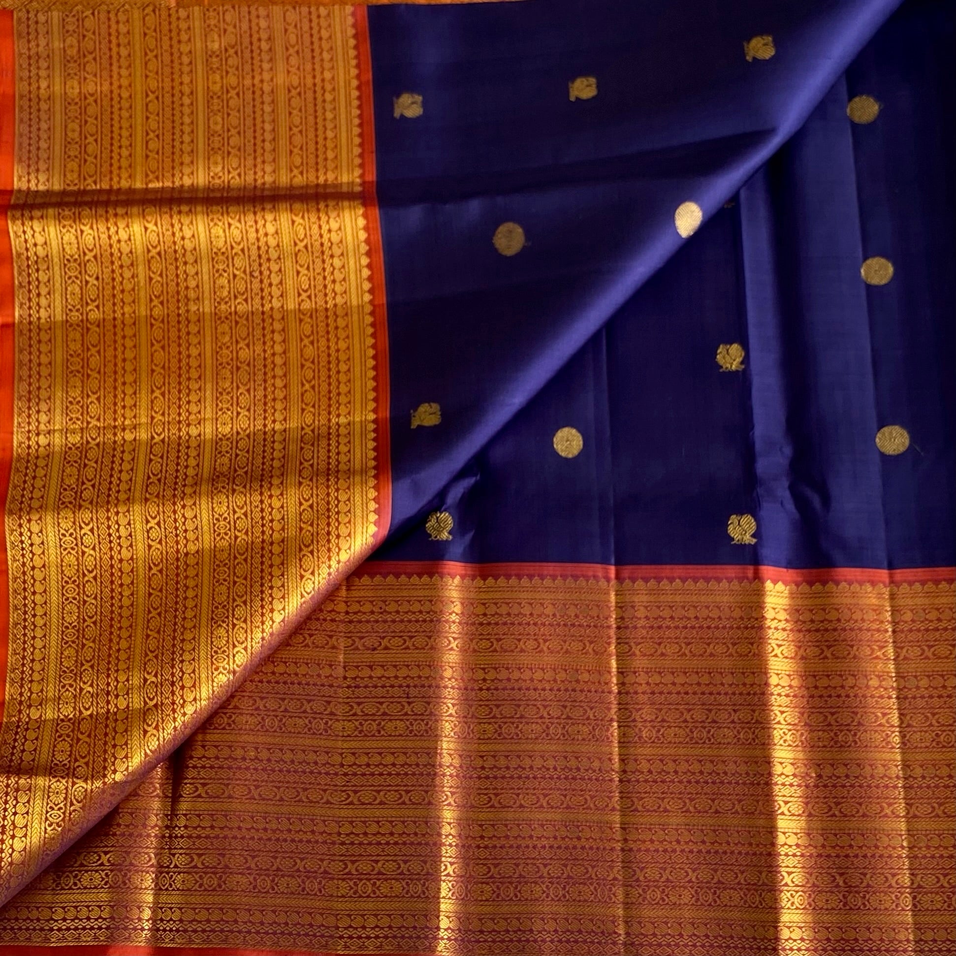 Classic Midnight Blue with Burnt Orange Pure Zari Kanjeevaram Silk