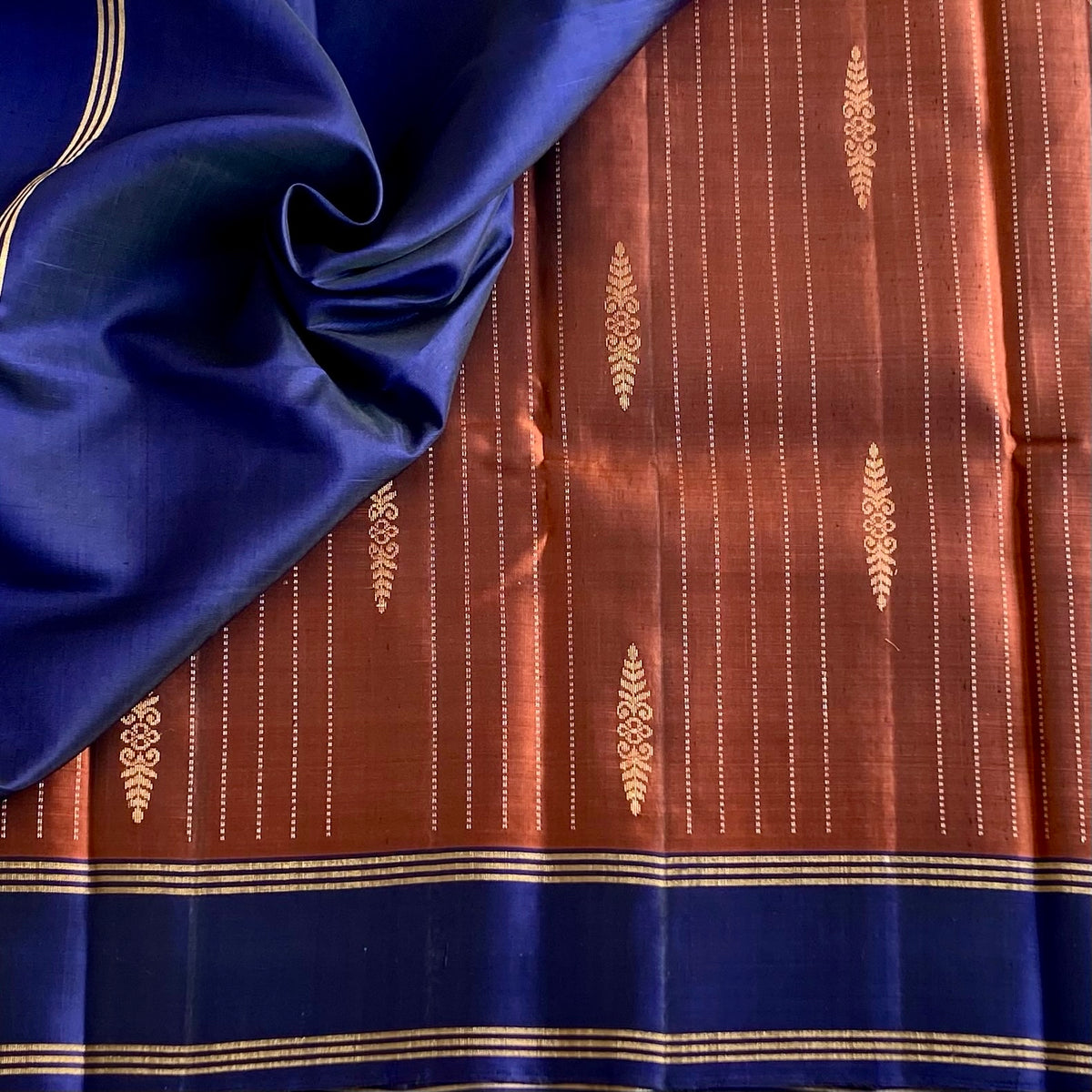 Copper Brown & Rich Navy Blue Designer Pure Silk Saree