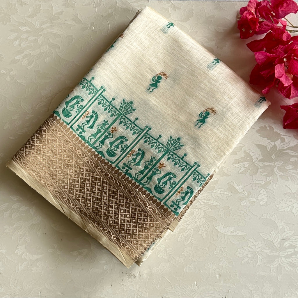Elegant Ivory Teal Handloom Saree with Bronze Border Tassel Pallu