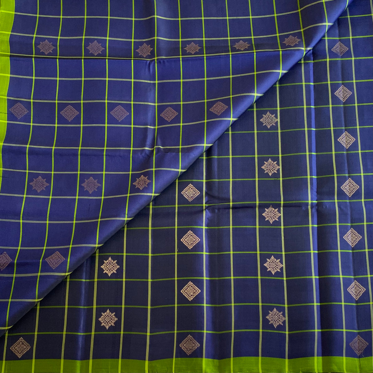 Navy Blue Lime Green Designer Pure Silk Saree With Checks And Zari