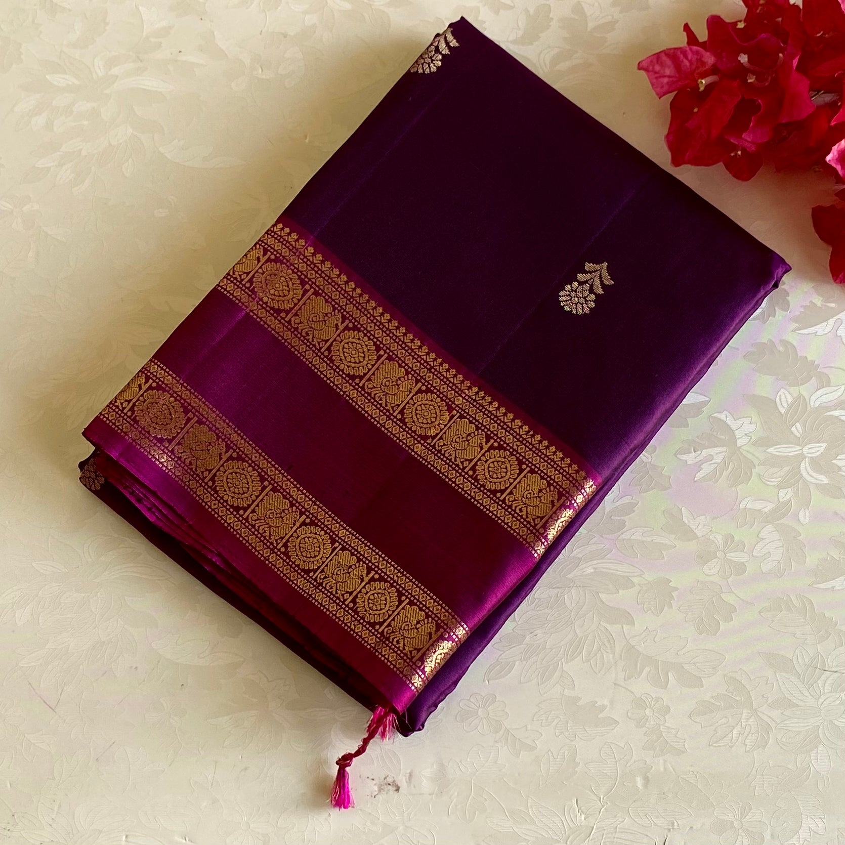 Deep Purple Designer Pure Silk Saree With Stunner Magenta Pallu
