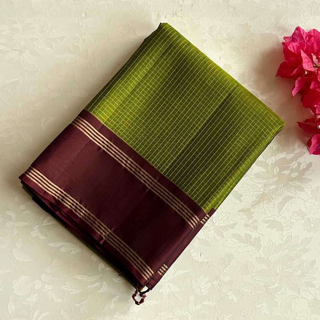 Chartreuse Green Silk Saree with Burgundy Gold Brocade Pallu