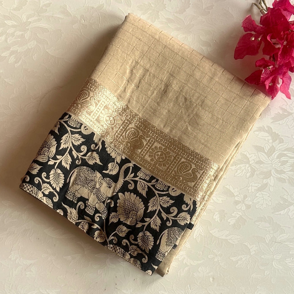 Champagne Beige Softest tussar with kalamkari borders