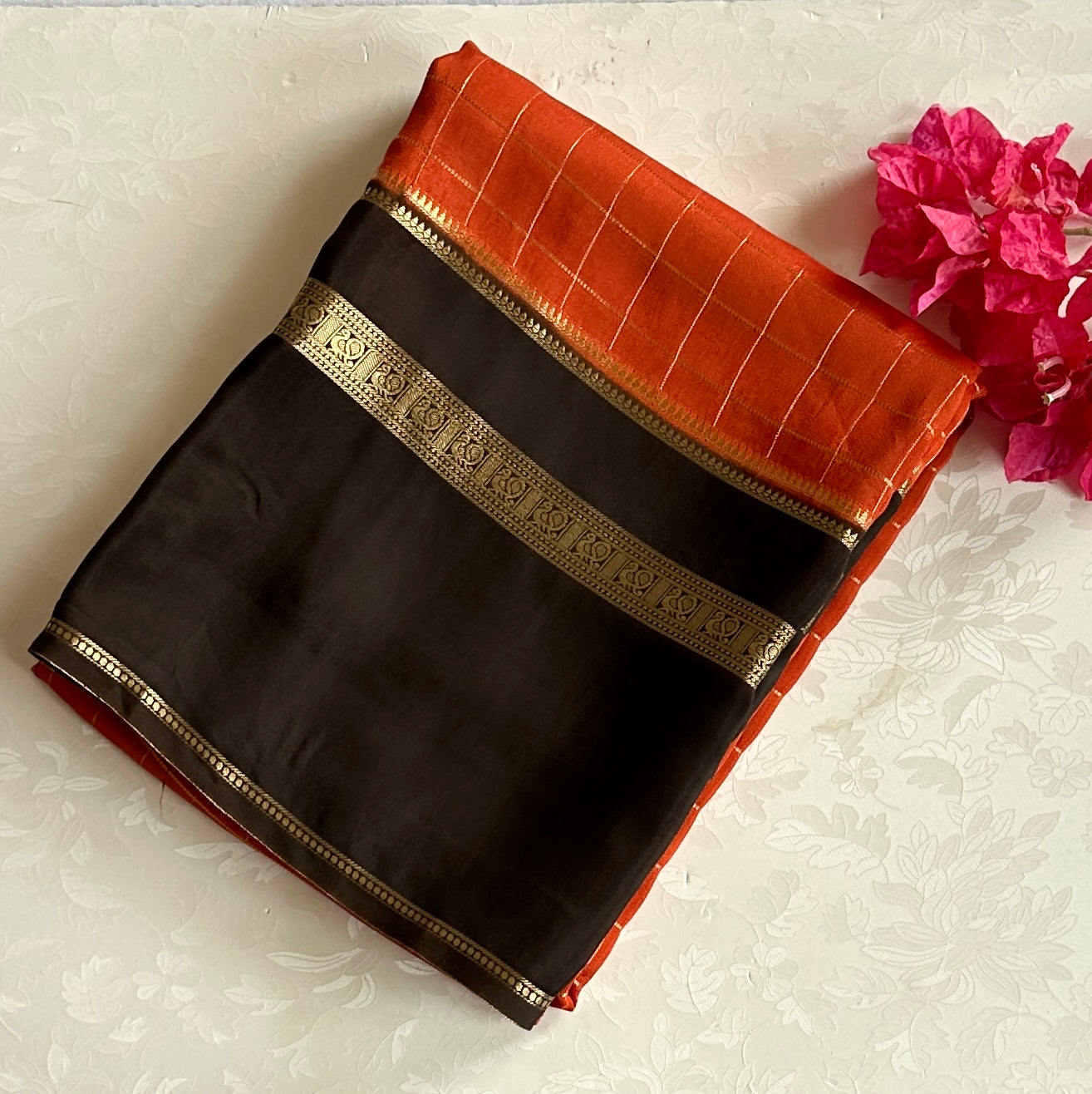 Navarasam Hot Pick - Deep Rust with coffee brown soft crepe silk with checkered weave