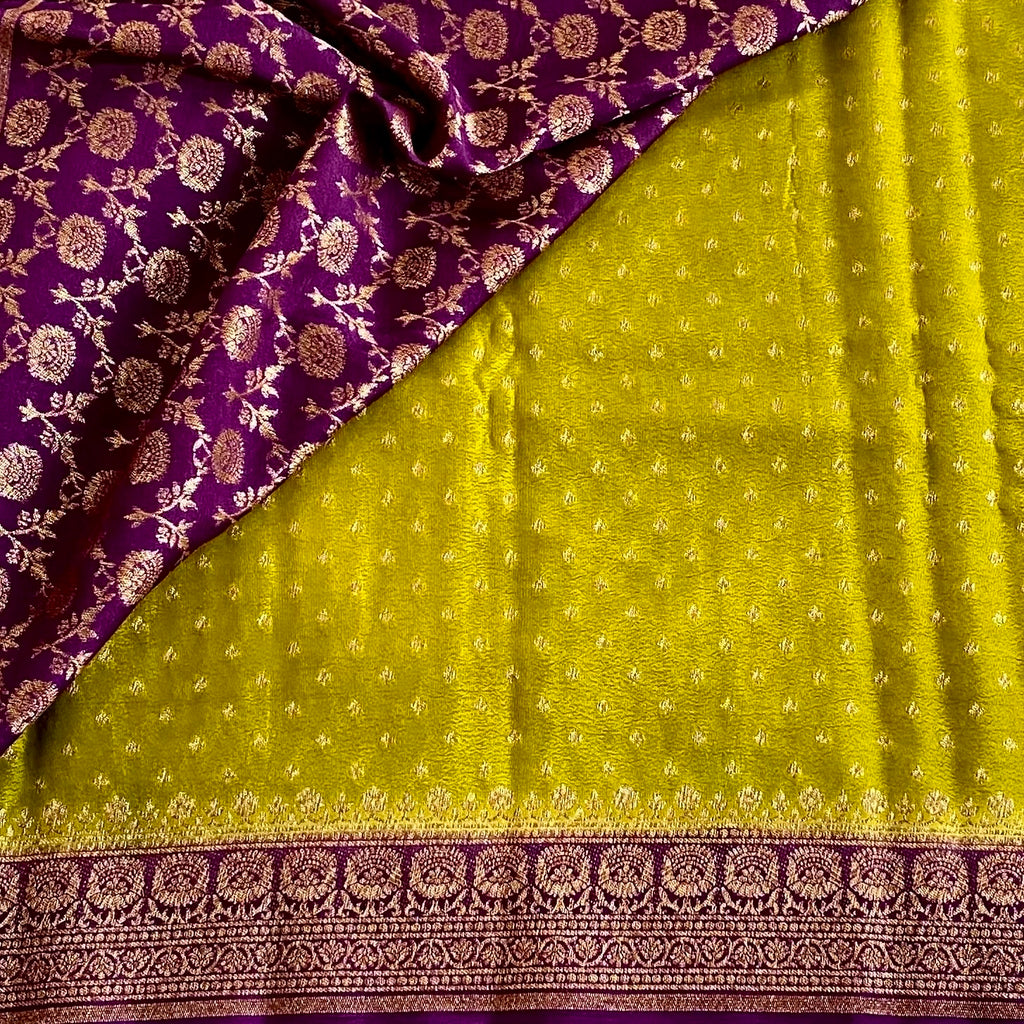 Lime Green Banarasi Soft Crepe Silk Saree With Royal Purple Pallu