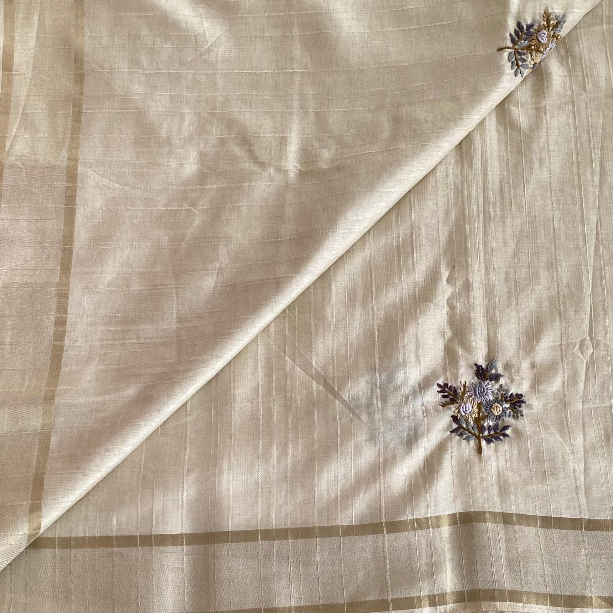 Ivory Beige Embroidered Floral Saree with Gold Border Elegant Traditional