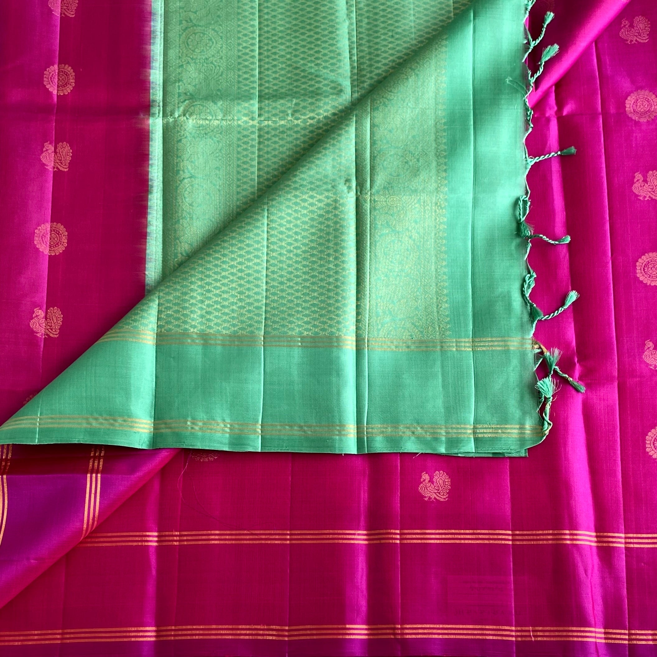 Pomegranate Pink Designer Pure Silk Saree With Sea Green Pallu