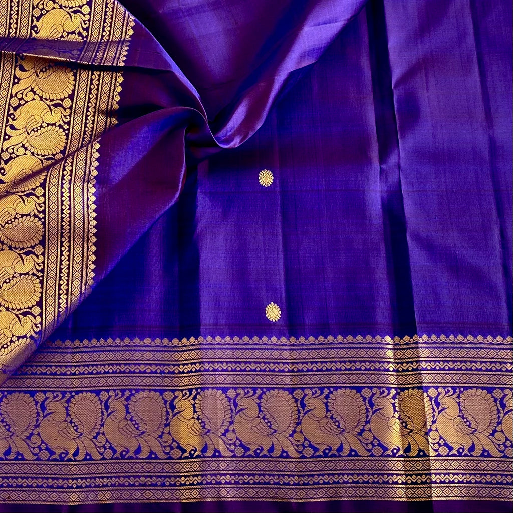 Royal Indigo Purple Kanjeevaram Pure Zari Silk Saree With Antique Gold Jaal