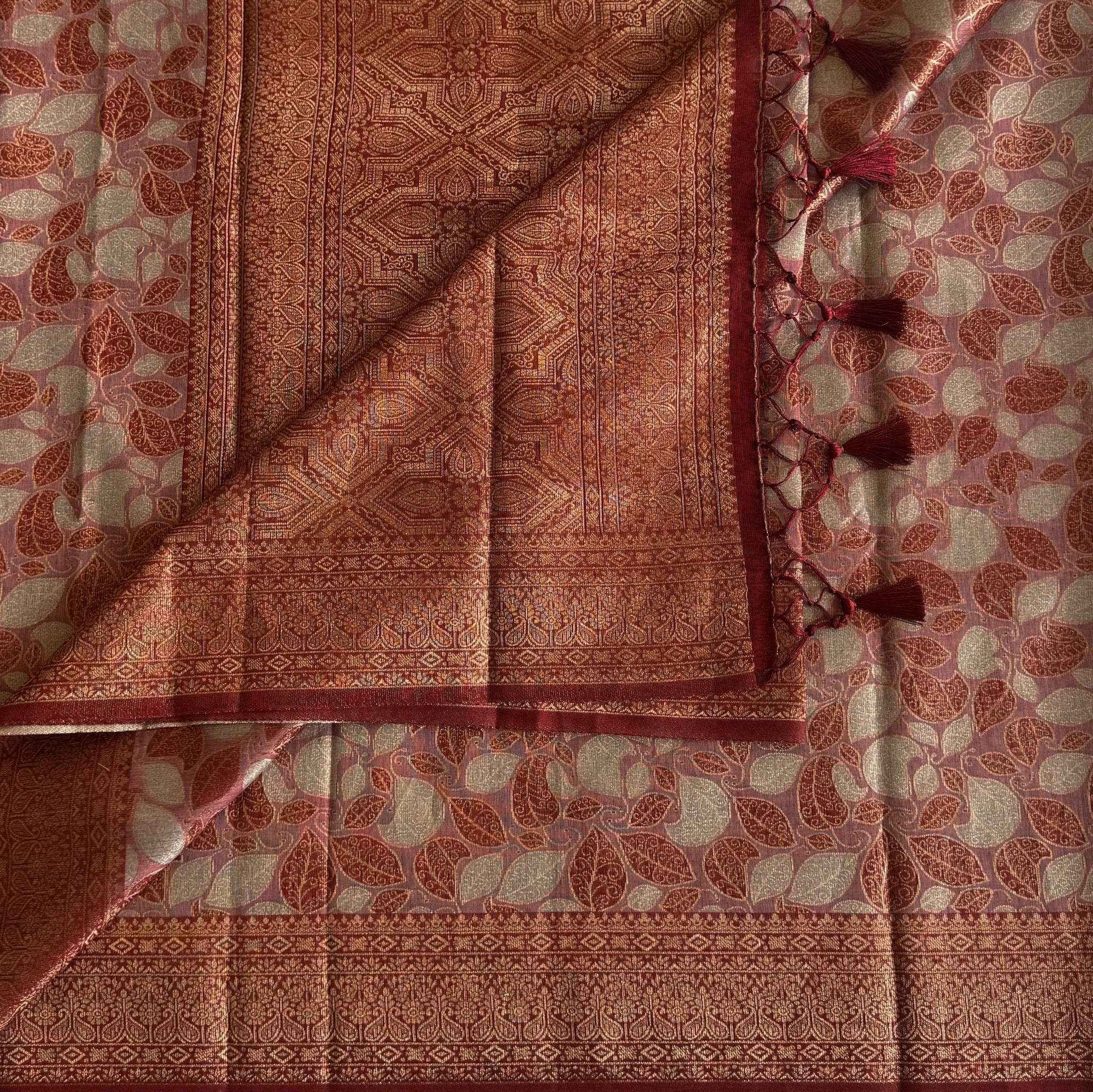 Maroon Gold Brocade Saree Leaf Motif Tassel Pallu Wedding Silk