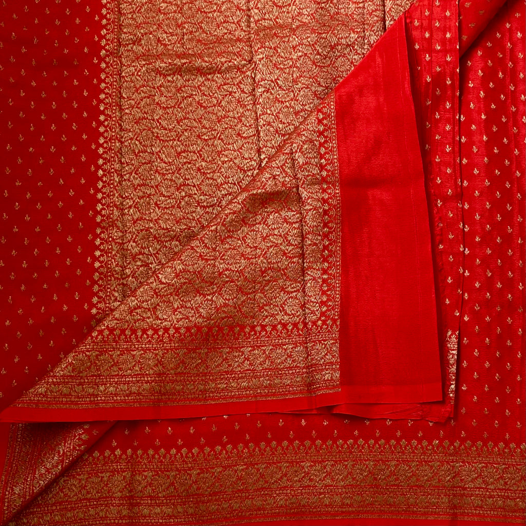 Scarlet Red Silk Saree with Gold Brocade and Wide Border