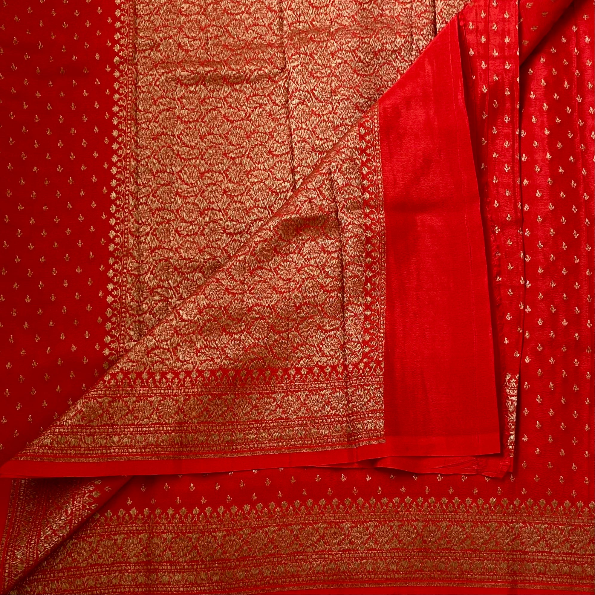 Scarlet Red Silk Saree with Gold Brocade and Wide Border