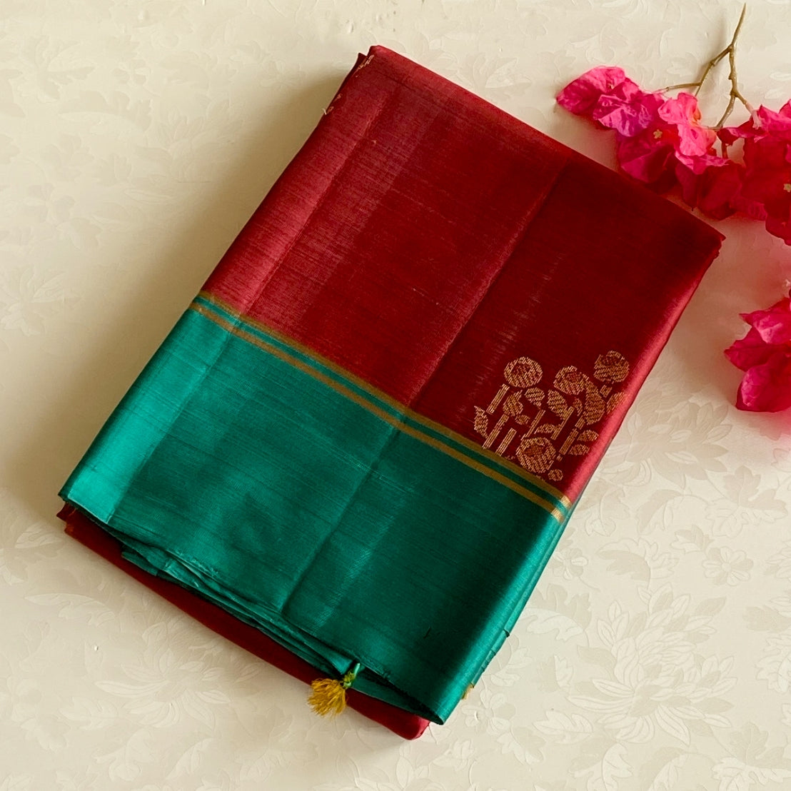 Teal Maroon Silk Saree Gold Zari Geometric Pallu Traditional Wear