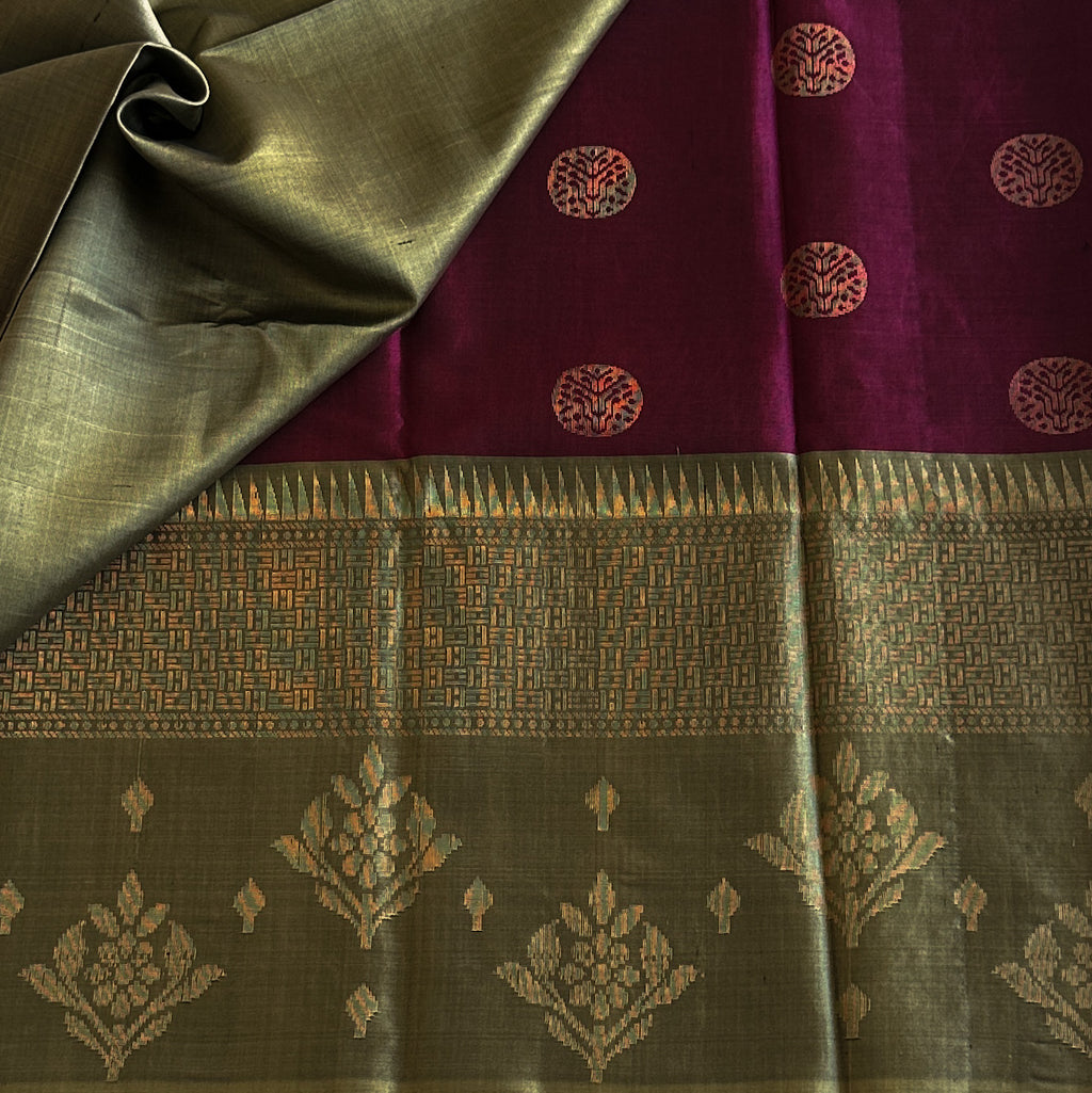 Sage Green Silk Saree Antique Gold Brocade Magenta Pallu Design