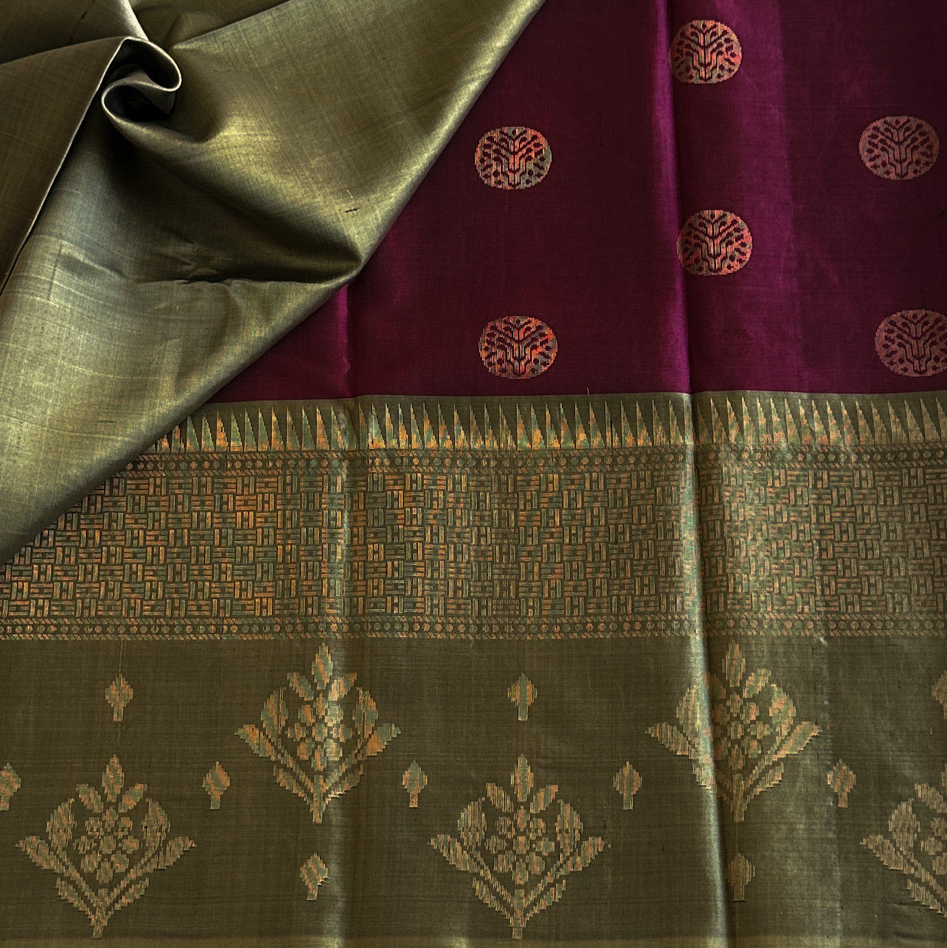 Sage Green Silk Saree Antique Gold Brocade Magenta Pallu Design