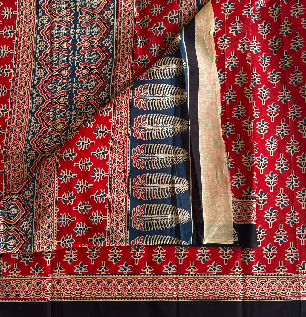 Scarlet Red Navy Pallu Printed Saree With Black Border