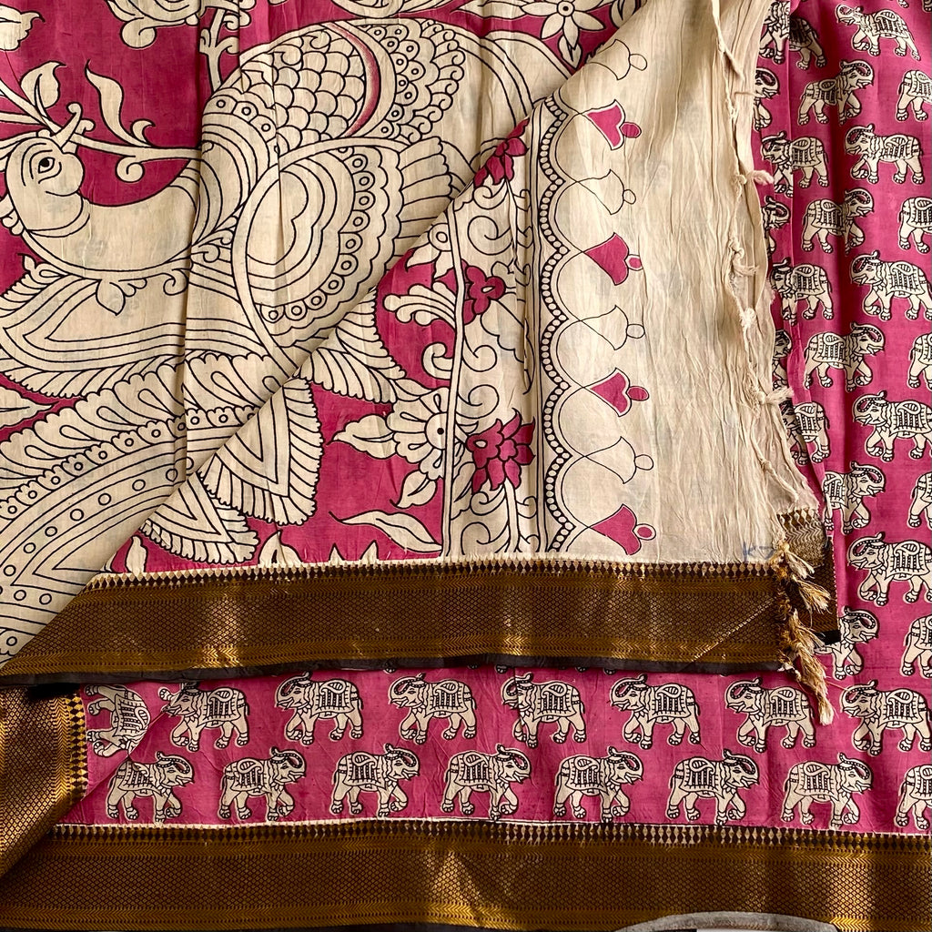 Rose Pink Kalamkari Designer Cotton Silk Saree With Antique Ivory Pallu
