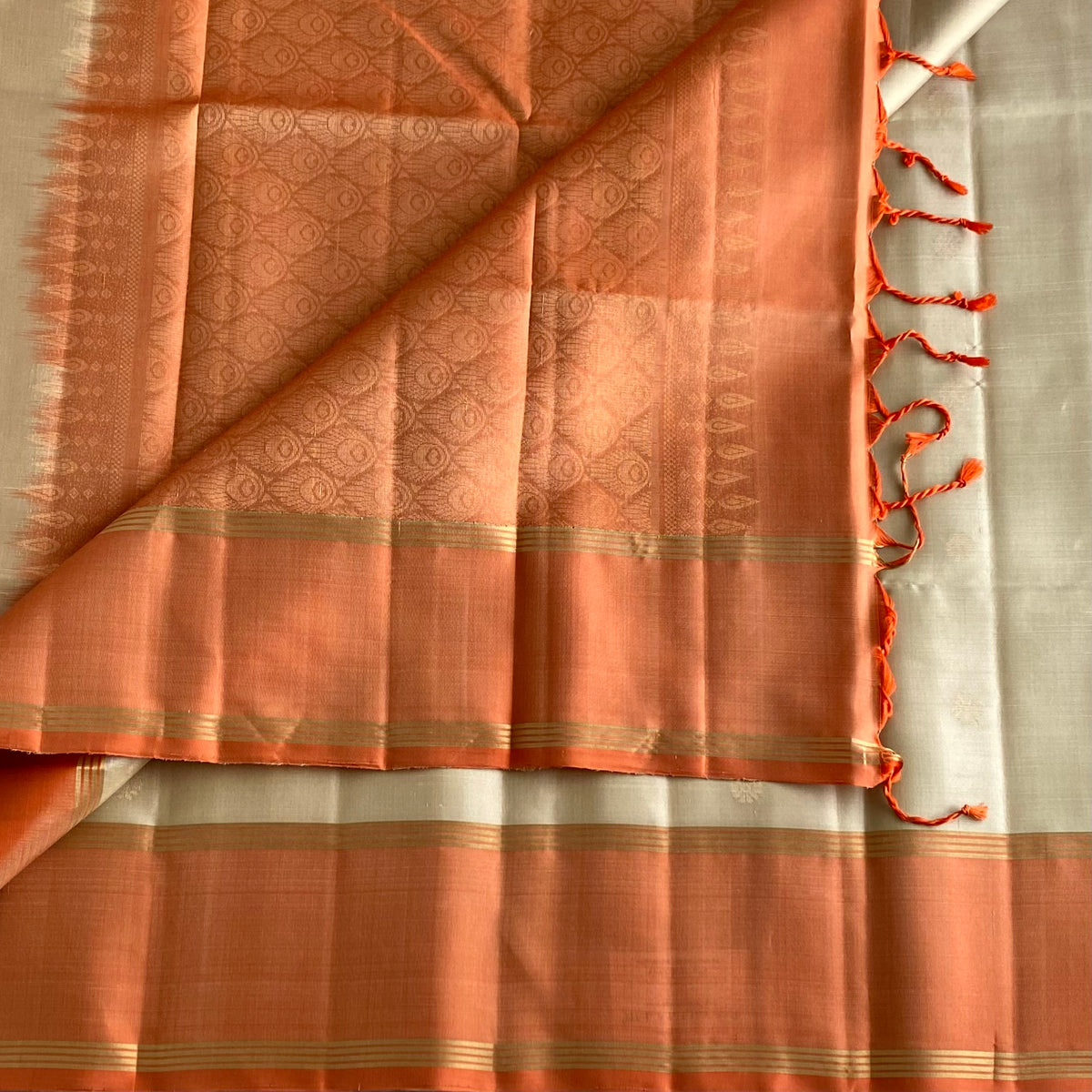 Champagne Beige Designer Pure Silk Saree With Sorbet Orange Pallu