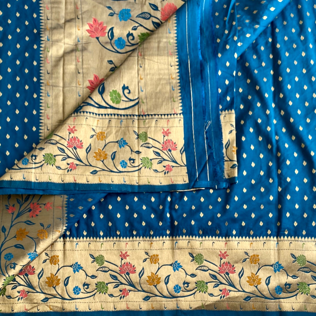 Teal Blue Soft Crepe Silk Saree With Antique Gold Pallu