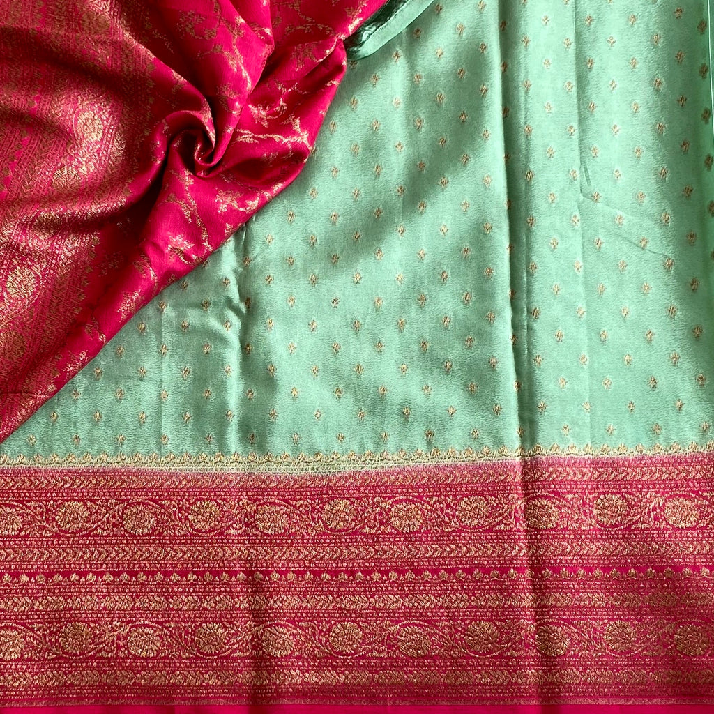Mint Green & Rani Pink Banarasi Crepe Silk Saree With Antique Zari Buttas