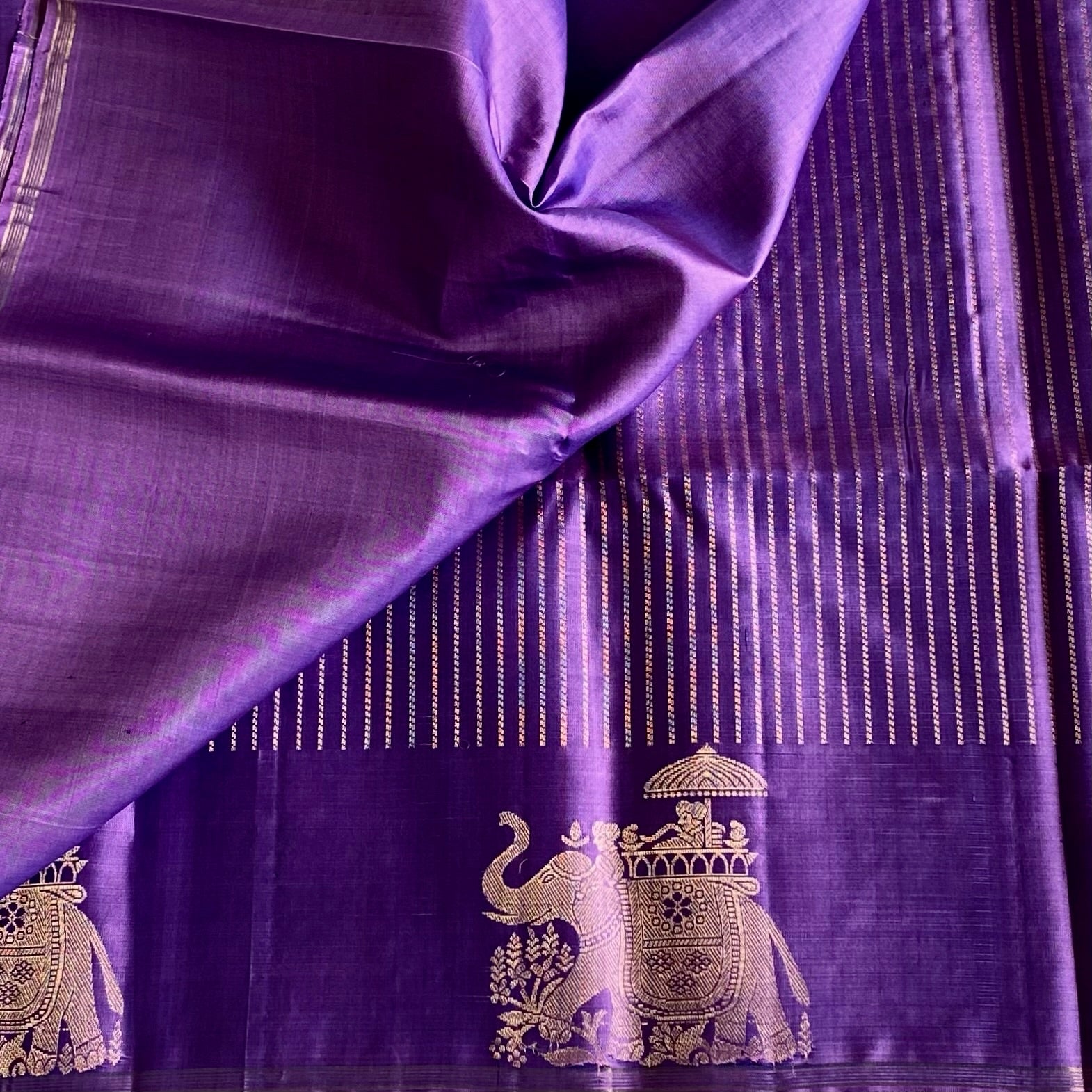 Metallic Lavender Designer Pure Silk Saree With Antique Gold Motifs
